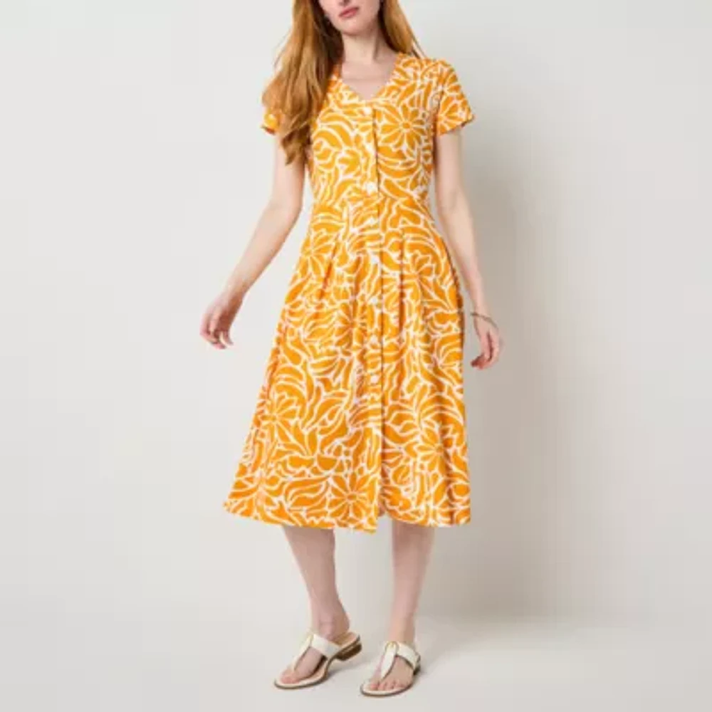 Liz Claiborne Womens Short Sleeve Midi Floral A-Line Dress