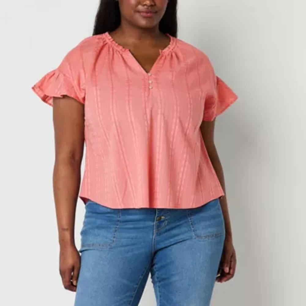 Frye and Co. Womens Y Neck Short Sleeve Plus Blouse