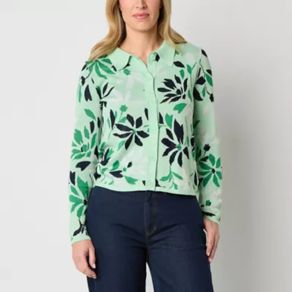 Liz Claiborne Womens Long Sleeve Button Floral Cardigan