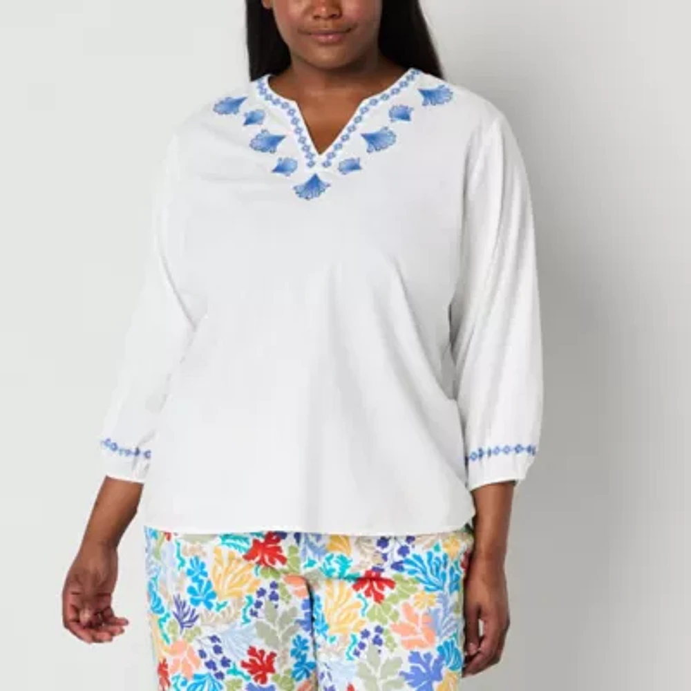 St. John's Bay Womens Split Crew Neck Long Sleeve Embroidered Plus Blouse
