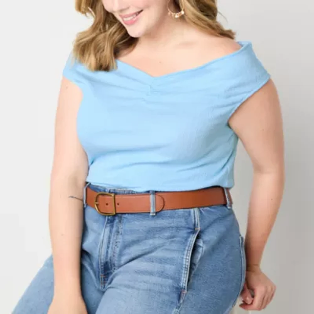 a.n.a Off The Shoulder Womens V Neck Plus T-Shirt