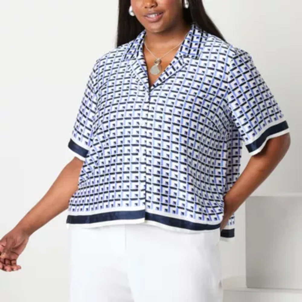 Worthington Womens Short Sleeve Plus Camp Shirt