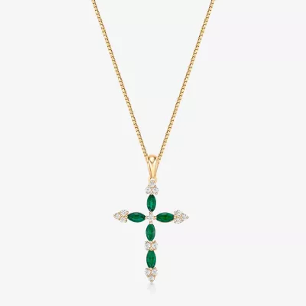 Gemstone & 1/6 CT. T.W. Natural Diamond 10K Gold Cross Pendant Necklace