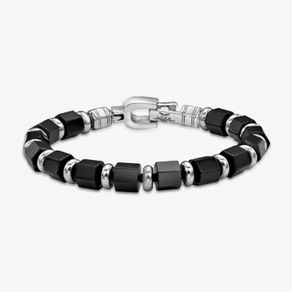 Mens Black Agate Stainless Steel Beaded Bracelet