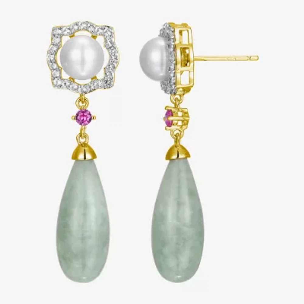 Womens Genuine Green Jade 18K Gold Over Silver Drop Earrings