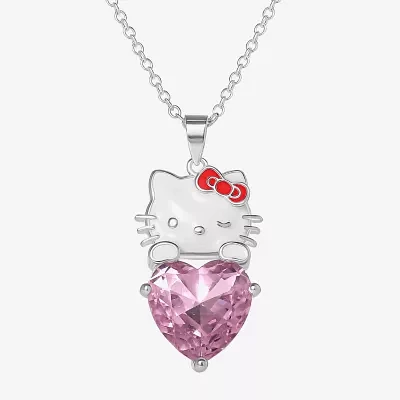 Hello Kitty Womens Pink Glass Pure Silver Over Brass Heart 16 Inch Pendant Necklace