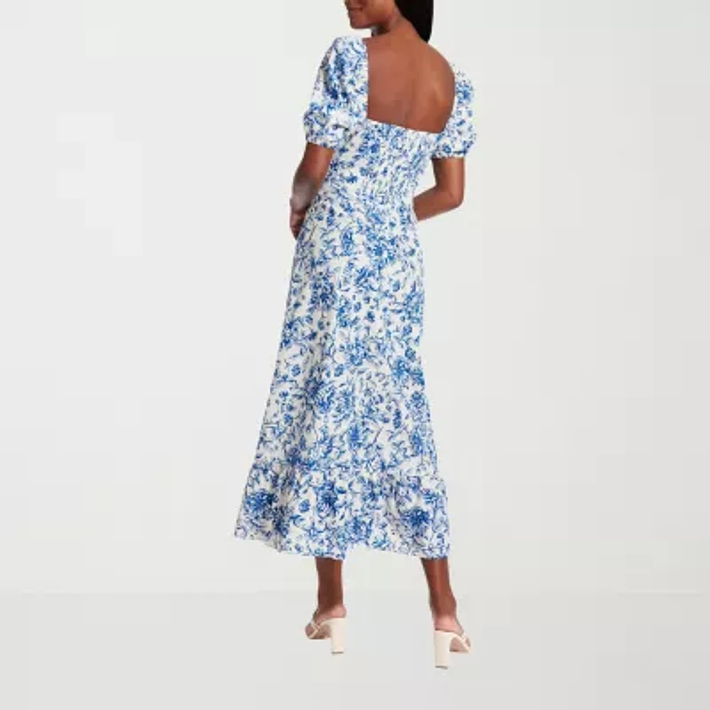 Clover And Sloane Womens Short Sleeve Floral Midi Petite Fit + Flare Dress