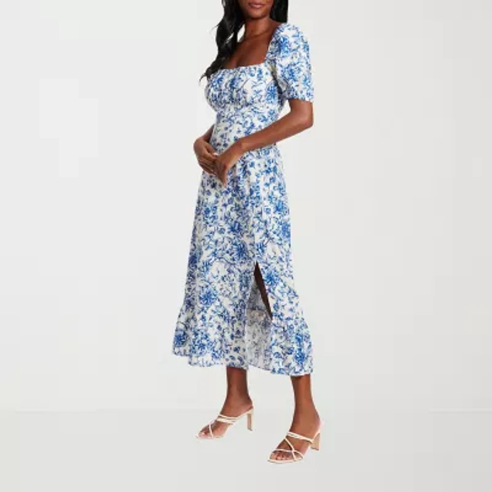 Clover And Sloane Womens Short Sleeve Floral Midi Petite Fit + Flare Dress