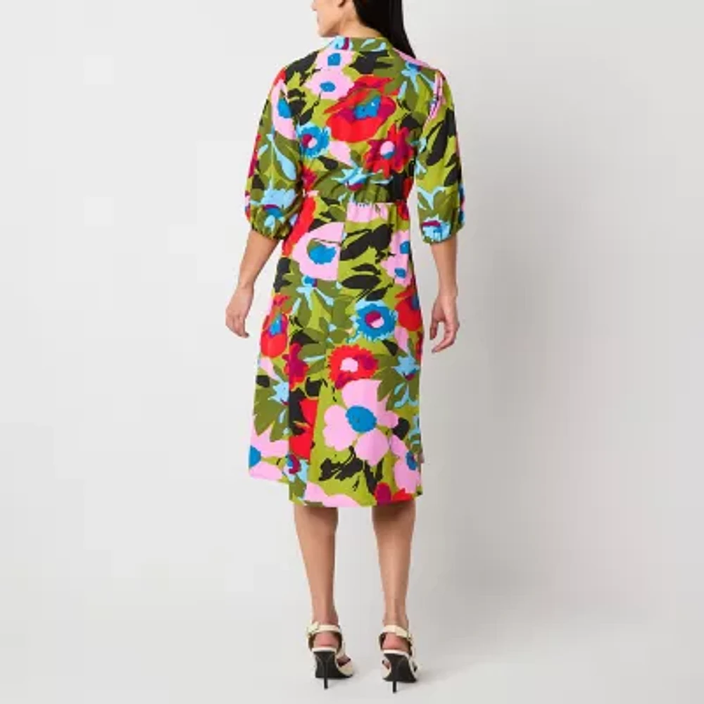 52seven Womens Elbow Sleeve Floral Midi Petite Fit + Flare Dress