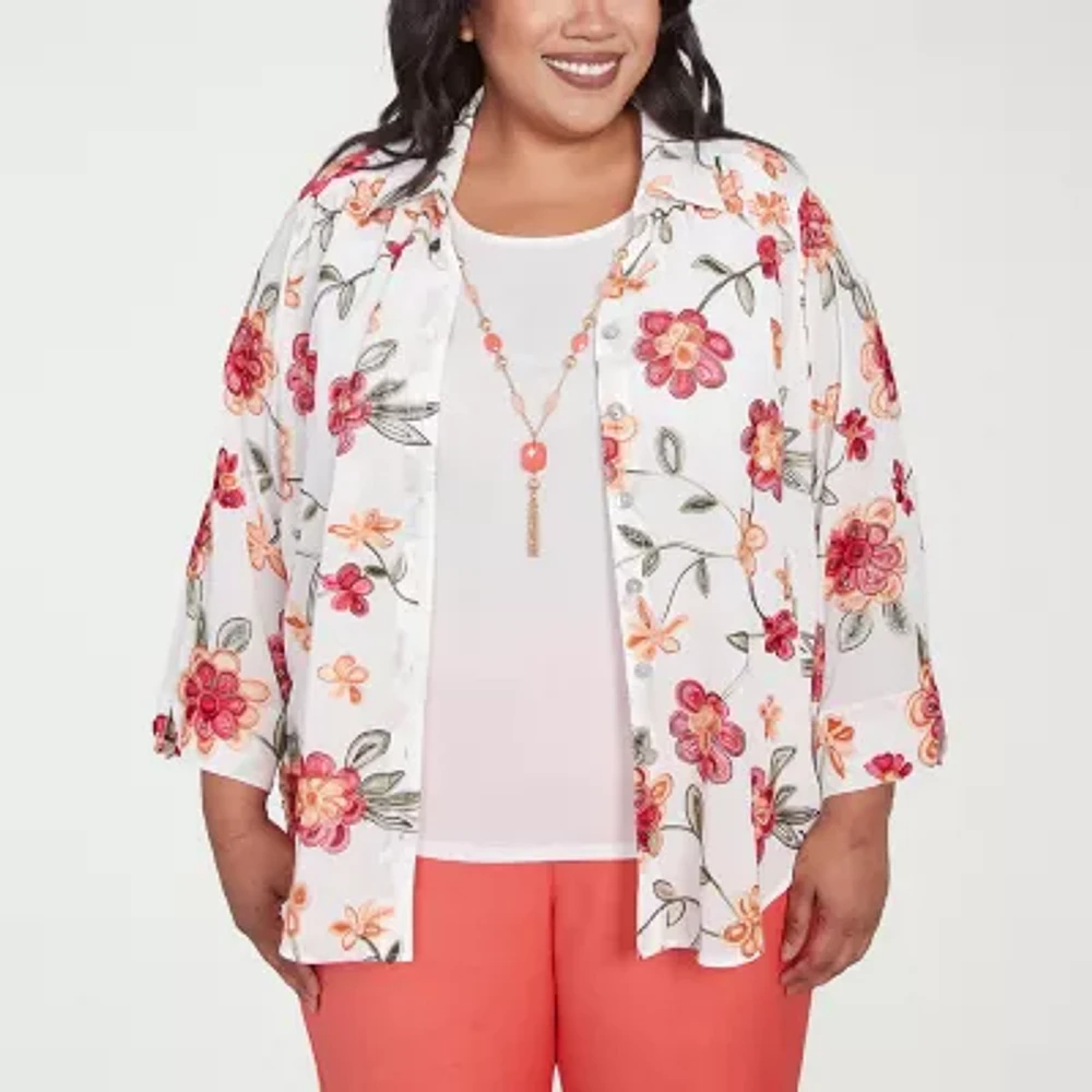Alfred Dunner Catalina Island Womens 3/4 Sleeve Embroidered Plus Layered Top