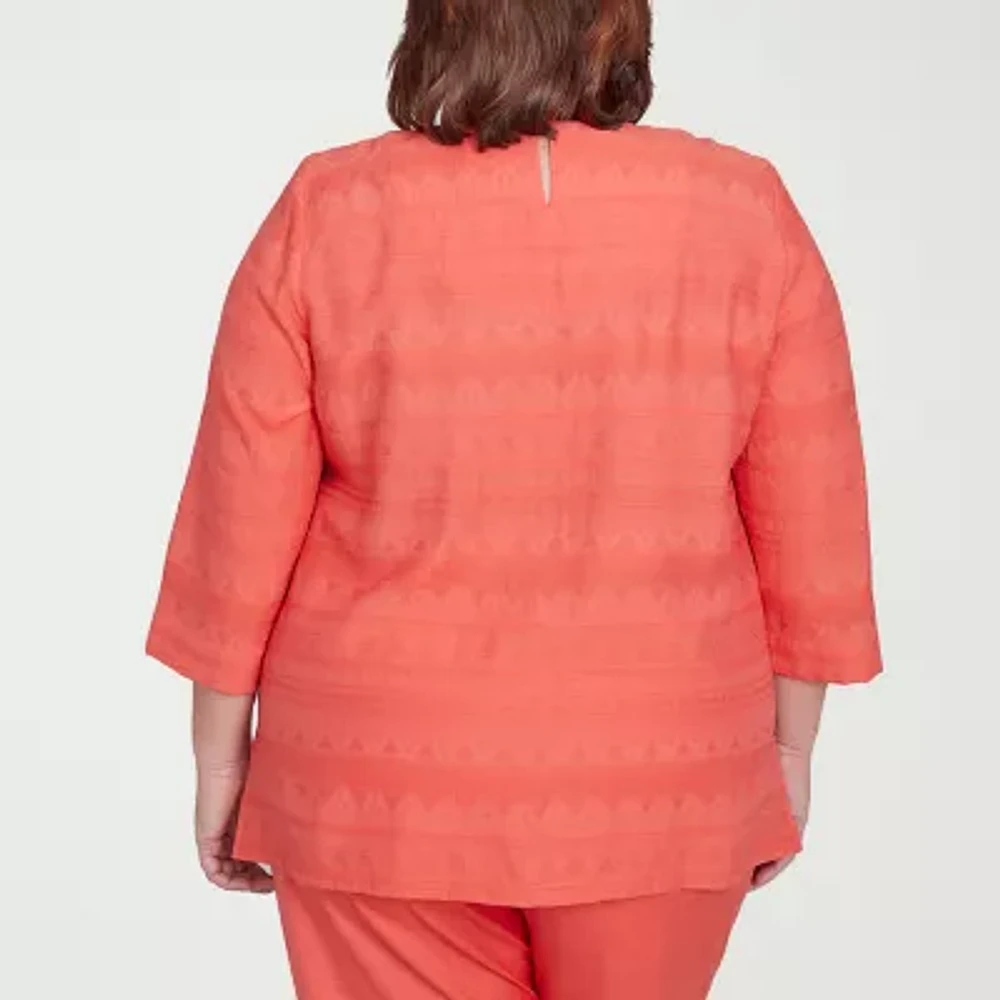 Alfred Dunner Catalina Island Womens Split Crew Neck 3/4 Sleeve Plus Blouse