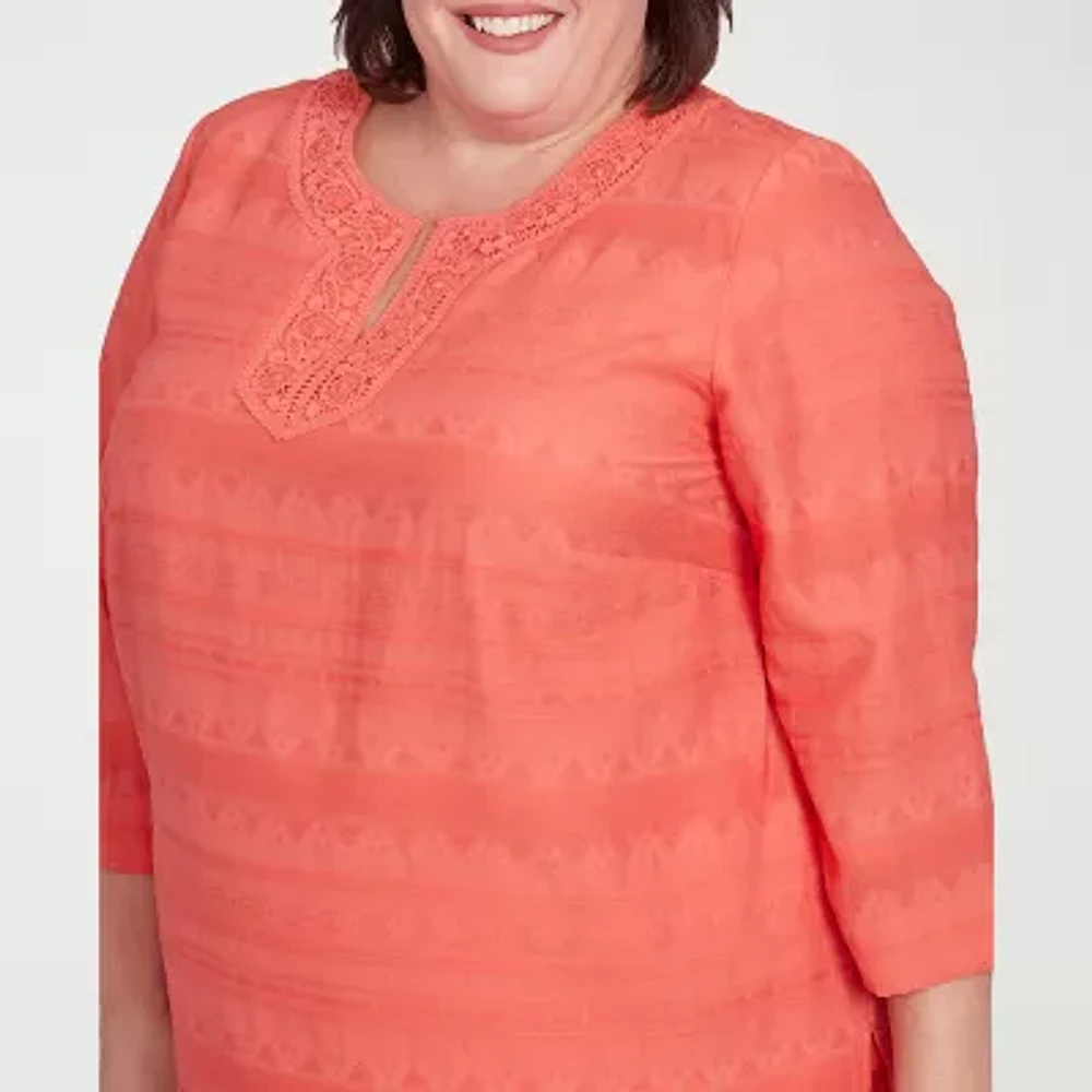 Alfred Dunner Catalina Island Womens Split Crew Neck 3/4 Sleeve Plus Blouse