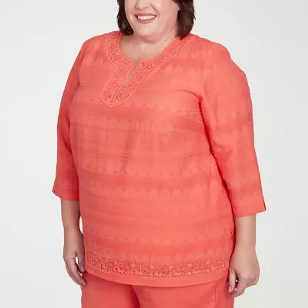 Alfred Dunner Catalina Island Womens Split Crew Neck 3/4 Sleeve Plus Blouse