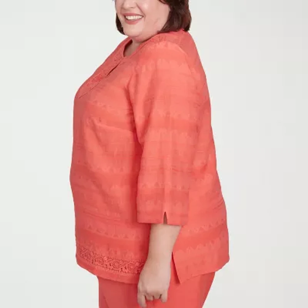 Alfred Dunner Catalina Island Womens Split Crew Neck 3/4 Sleeve Plus Blouse