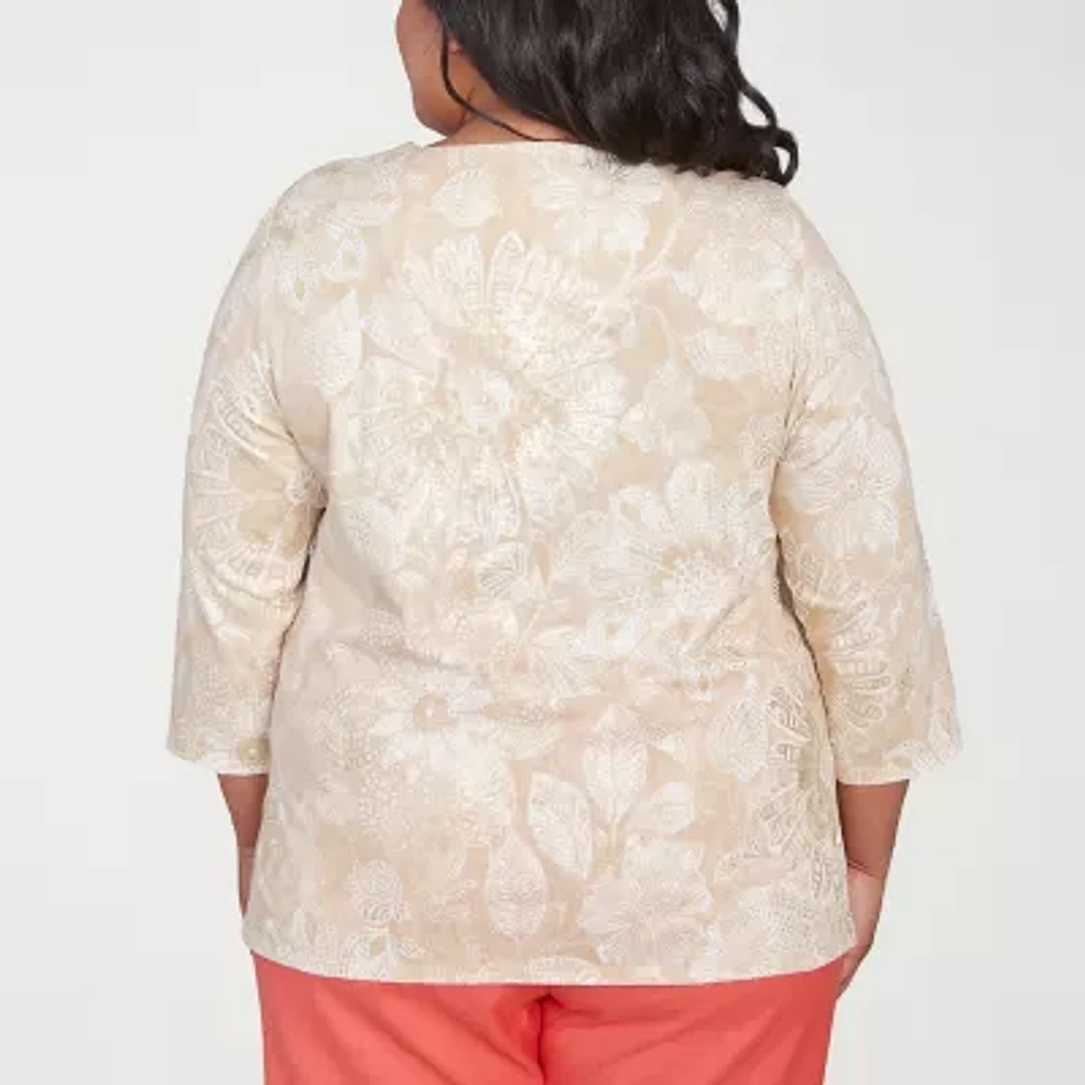 Alfred Dunner Catalina Island Womens Split Crew Neck 3/4 Sleeve Stretch Fabric Plus T-Shirt