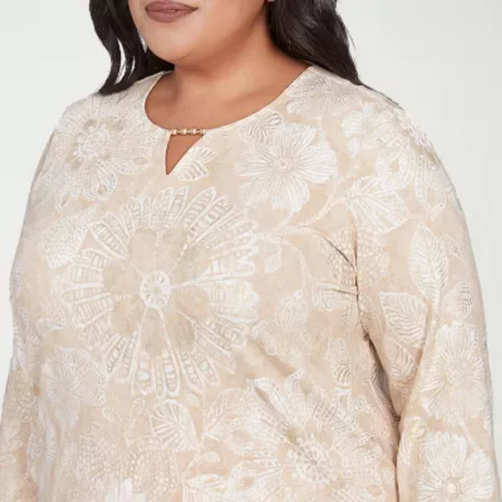 Alfred Dunner Catalina Island Womens Split Crew Neck 3/4 Sleeve Stretch Fabric Plus T-Shirt