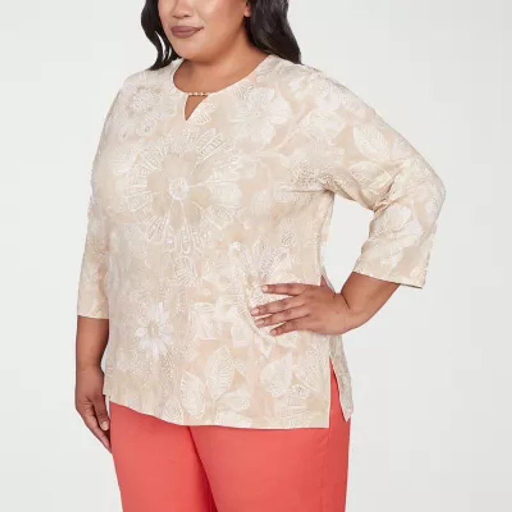 Alfred Dunner Catalina Island Womens Split Crew Neck 3/4 Sleeve Stretch Fabric Plus T-Shirt