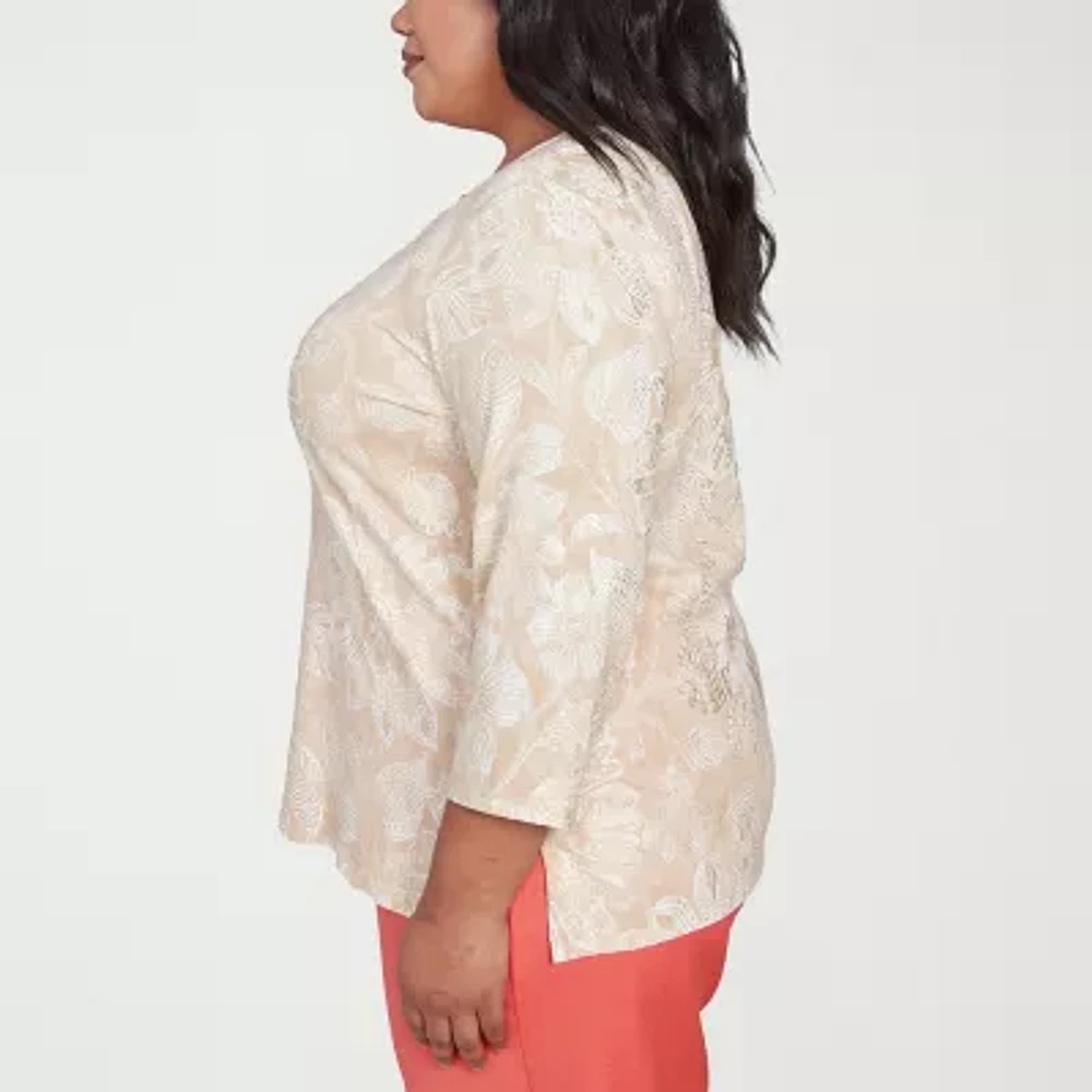 Alfred Dunner Catalina Island Womens Split Crew Neck 3/4 Sleeve Stretch Fabric Plus T-Shirt