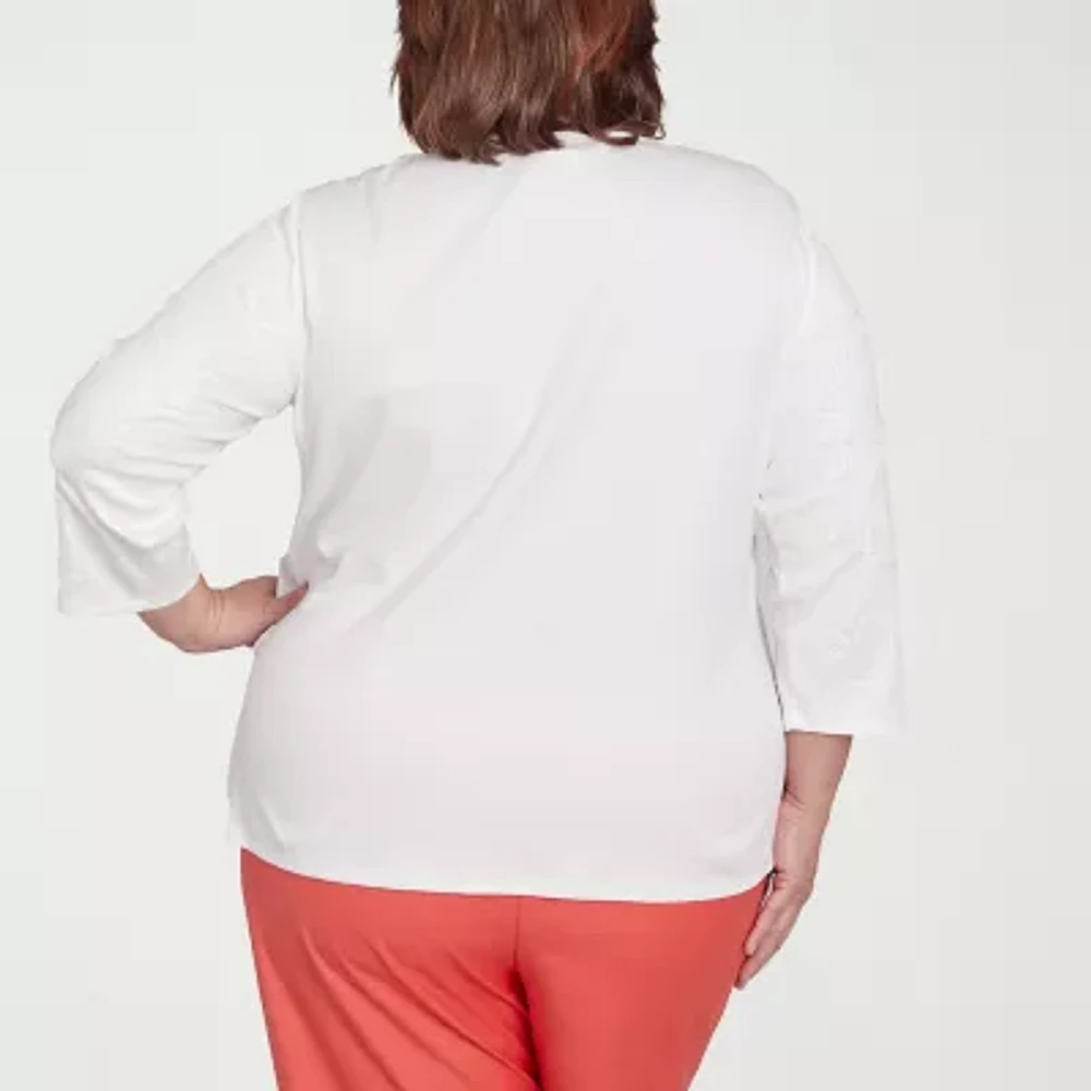 Alfred Dunner Catalina Island Womens Split Crew Neck 3/4 Sleeve Plus T-Shirt