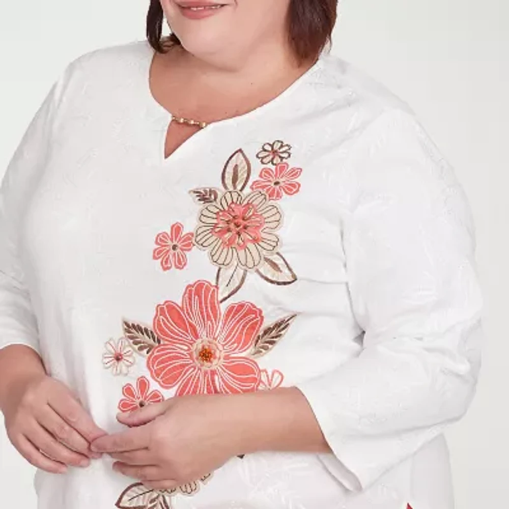 Alfred Dunner Catalina Island Womens Split Crew Neck 3/4 Sleeve Plus T-Shirt