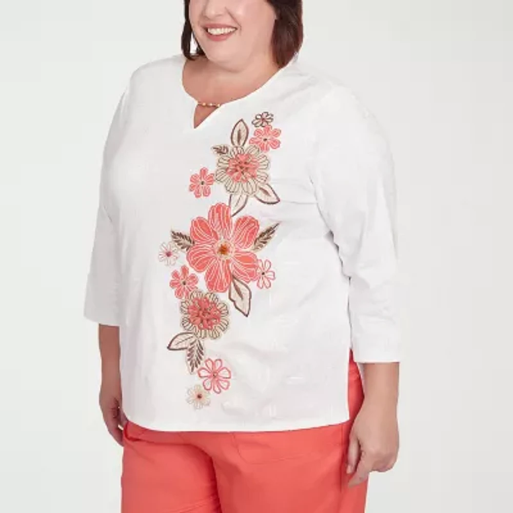 Alfred Dunner Catalina Island Womens Split Crew Neck 3/4 Sleeve Plus T-Shirt