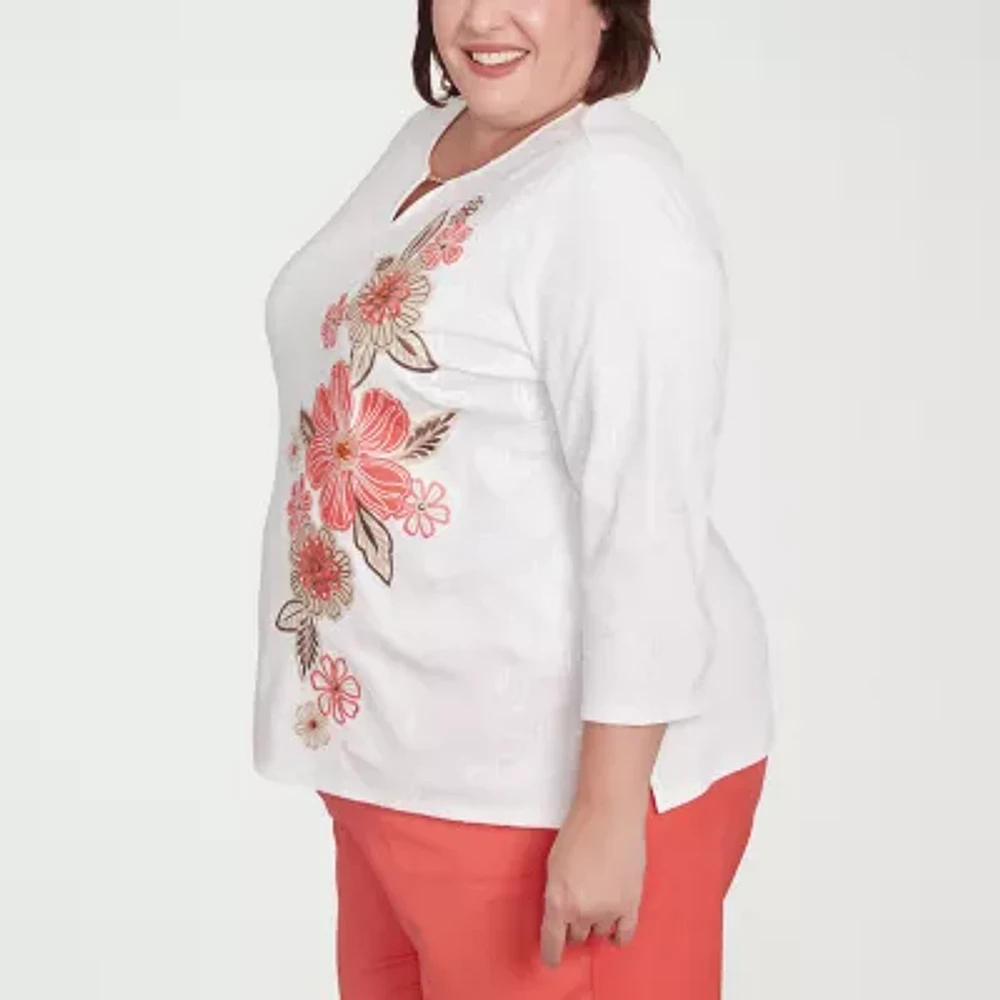 Alfred Dunner Catalina Island Womens Split Crew Neck 3/4 Sleeve Plus T-Shirt