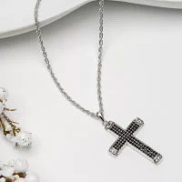 Mens Black Cubic Zirconia Sterling Silver Cross 24 Inch Pendant Necklace