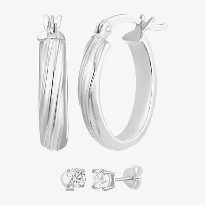 Womens Cubic Zirconia Sterling Silver Oval 2 Pair Earring Set