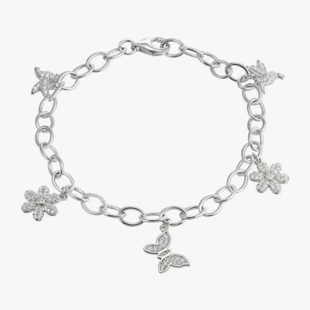 Diamonart Womens Cubic Zirconia Sterling Silver Butterfly Flower Charm Bracelet