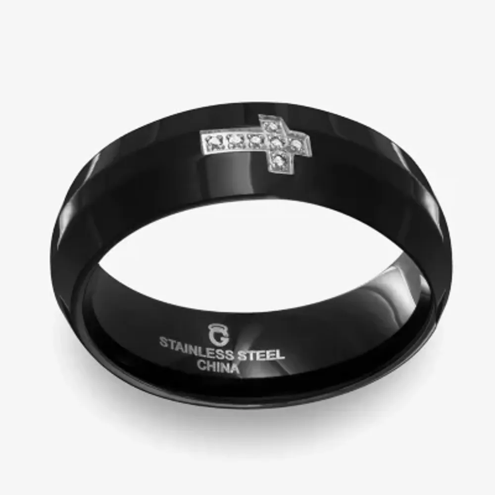 Sideways Mens 6MM Diamond Accent Natural White Stainless Steel Cross Wedding Band