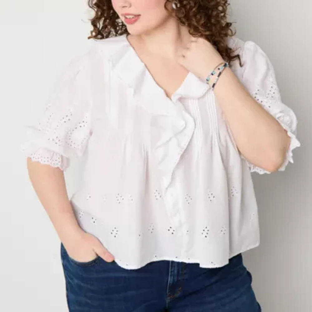 a.n.a Womens V Neck Short Sleeve Embroidered Plus Blouse