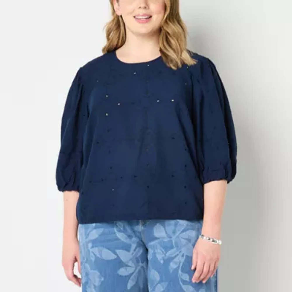Liz Claiborne Womens Crew Neck 3/4 Sleeve Plus Blouse