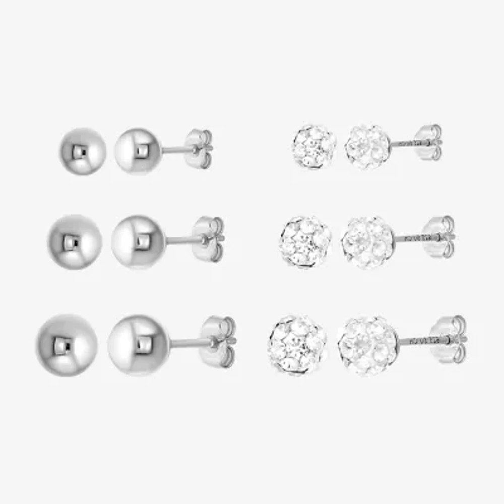 Womens White Crystal Sterling Silver Round 6 Pair Earring Set