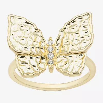 Sparkle Allure Hammered Womens Champagne Cubic Zirconia 14K Gold Over Brass Butterfly Cocktail Ring
