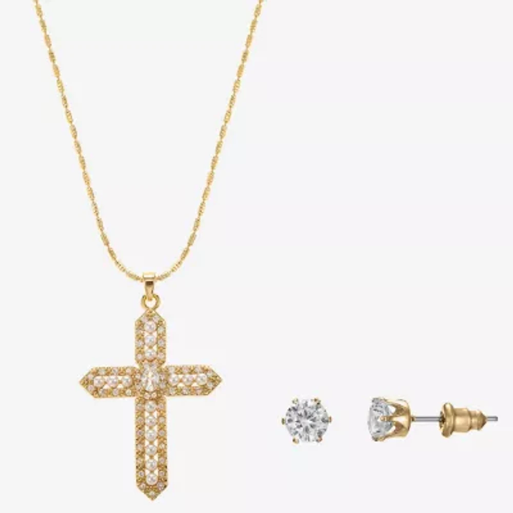Sparkle Allure Light Up Box Womens Cubic Zirconia Simulated Pearl 14K Gold Over Brass Cross 2-pc. Jewelry Set