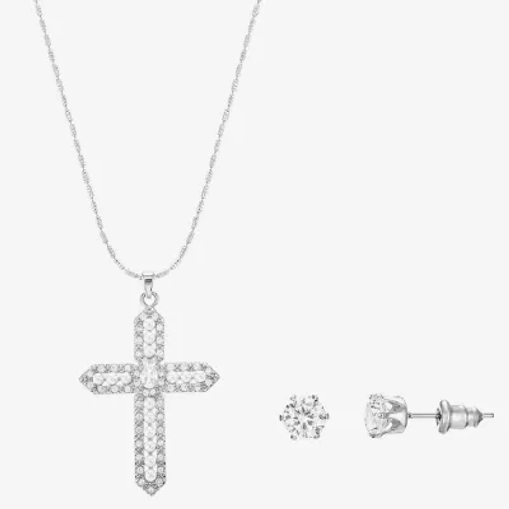 Sparkle Allure Light Up Box Womens Cubic Zirconia Simulated Pearl Pure Silver Over Brass Cross 2-pc. Jewelry Set