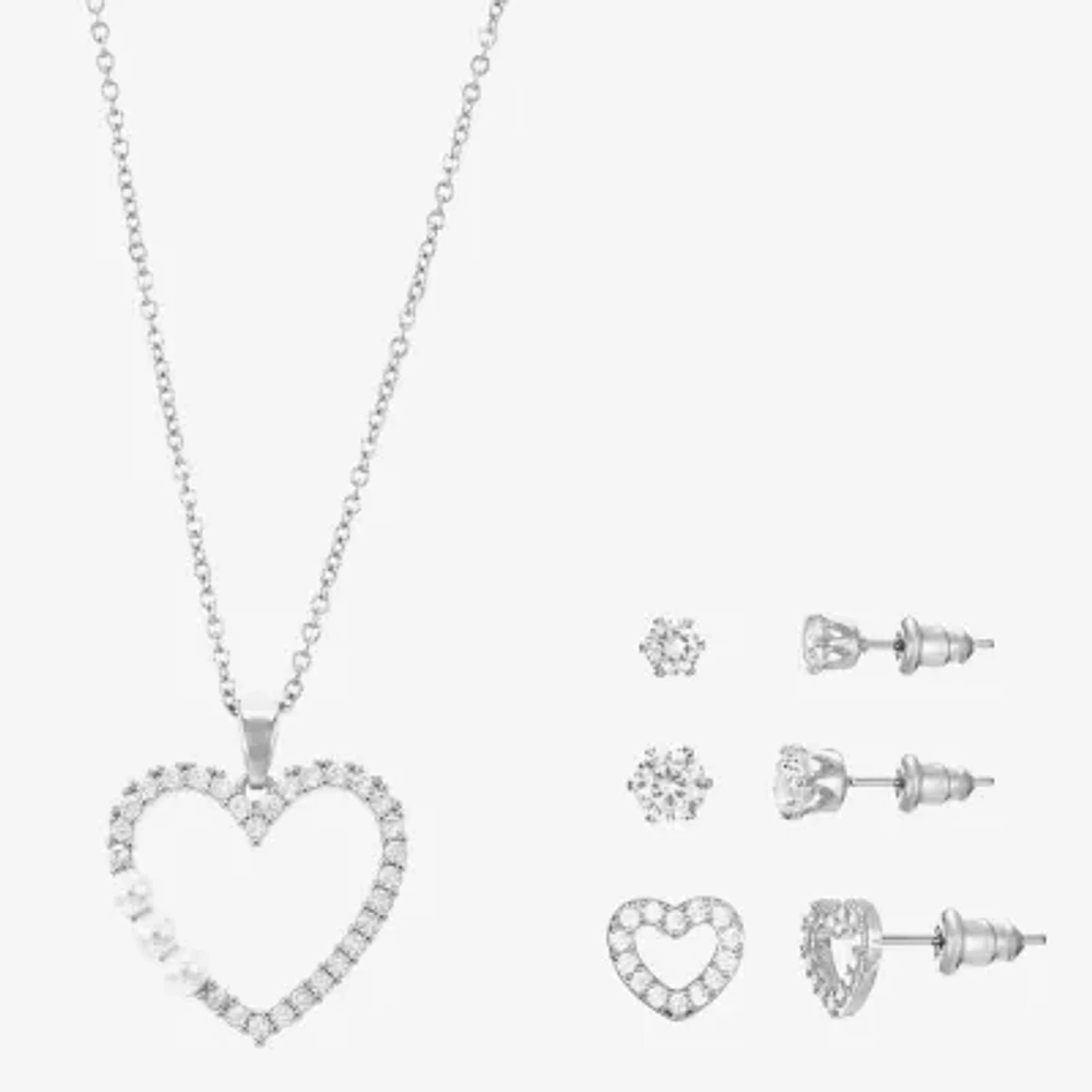 Sparkle Allure Light Up Box Womens Cubic Zirconia Simulated Pearl Pure Silver Over Brass Heart 4-pc. Jewelry Set