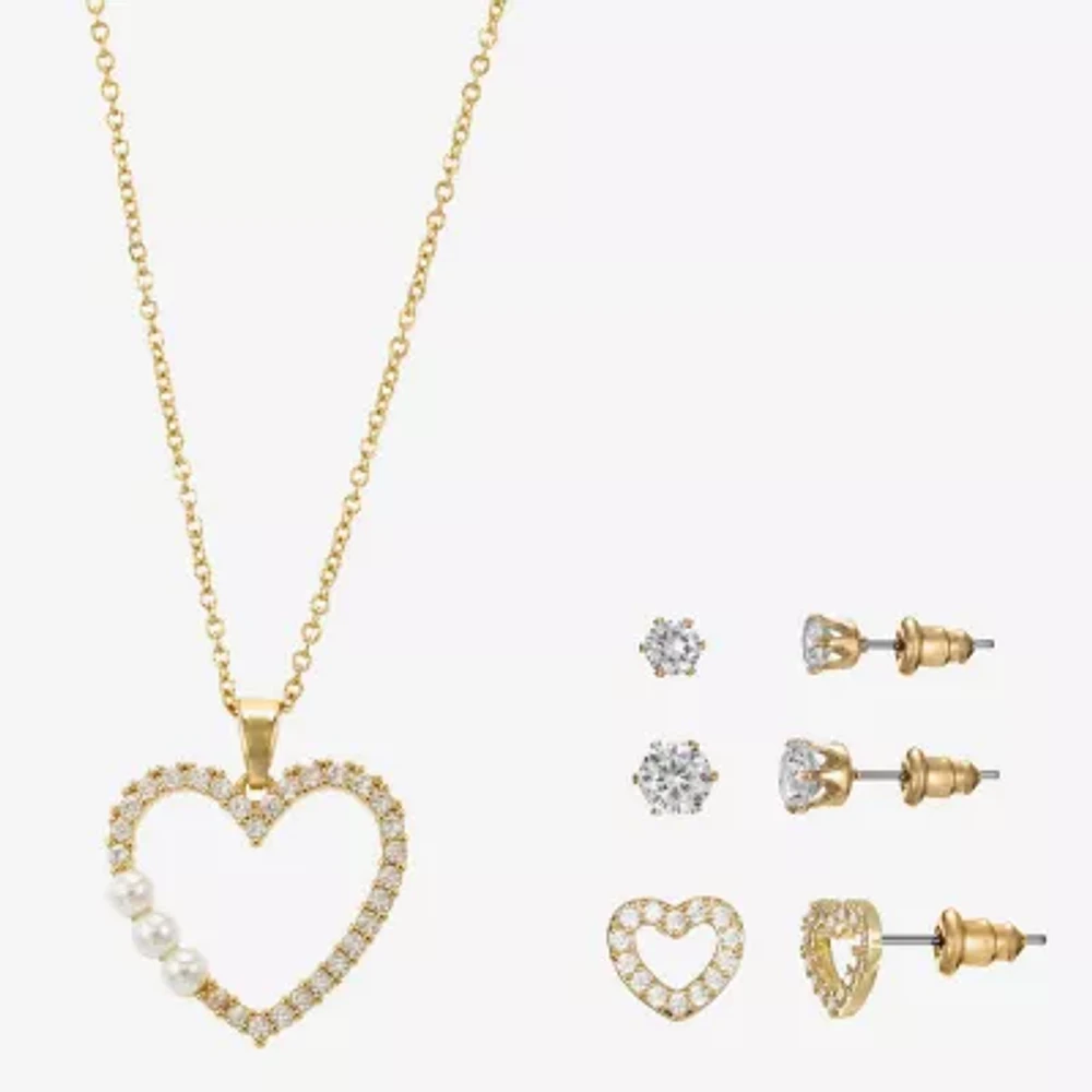 Sparkle Allure Light Up Box Womens Cubic Zirconia Simulated Pearl 14K Gold Over Brass Heart 4-pc. Jewelry Set