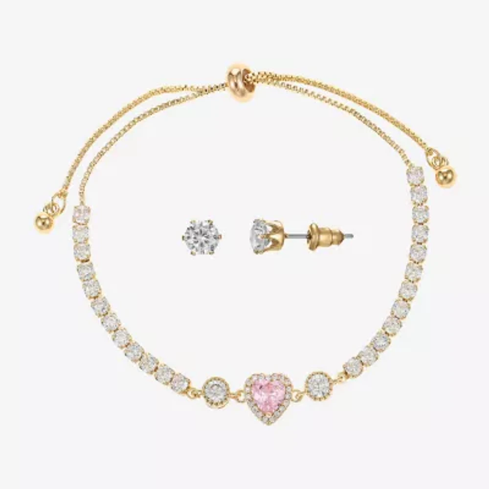 Sparkle Allure Light Up Box Womens Pink Cubic Zirconia 14K Gold Over Brass Heart 2-pc. Jewelry Set