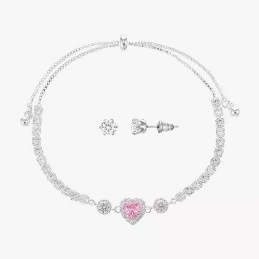 Sparkle Allure Light Up Box Womens Pink Cubic Zirconia Pure Silver Over Brass Heart 2-pc. Jewelry Set