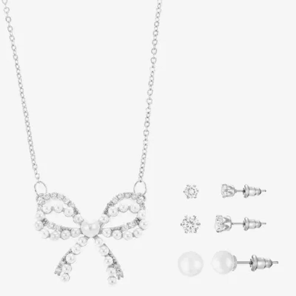 Sparkle Allure Light Up Box Womens Cubic Zirconia Simulated Pearl Pure Silver Over Brass Bow 4-pc. Jewelry Set