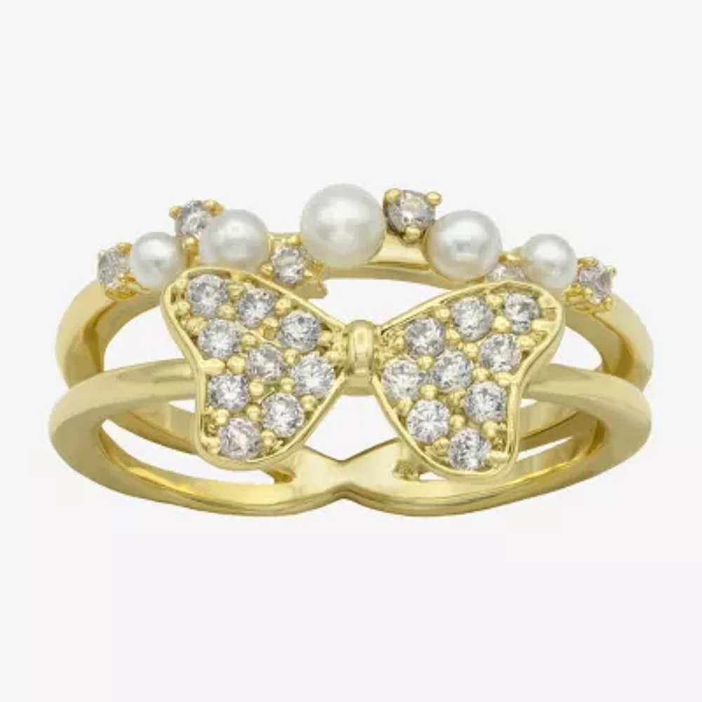 Sparkle Allure Womens 3.5MM Simulated Pearl Cubic Zirconia 14K Gold Over Brass Bow Band