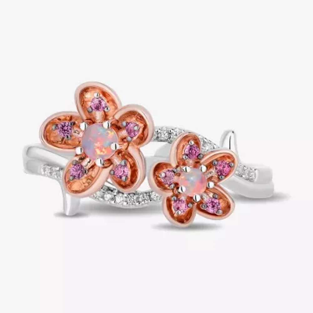 Enchanted Disney Fine Jewelry Womens Diamond Accent Genuine Red Rhodolite 14K Rose Gold Over Silver Two Tone Flower Princess Mulan Side Stone Bypass Cocktail Ring