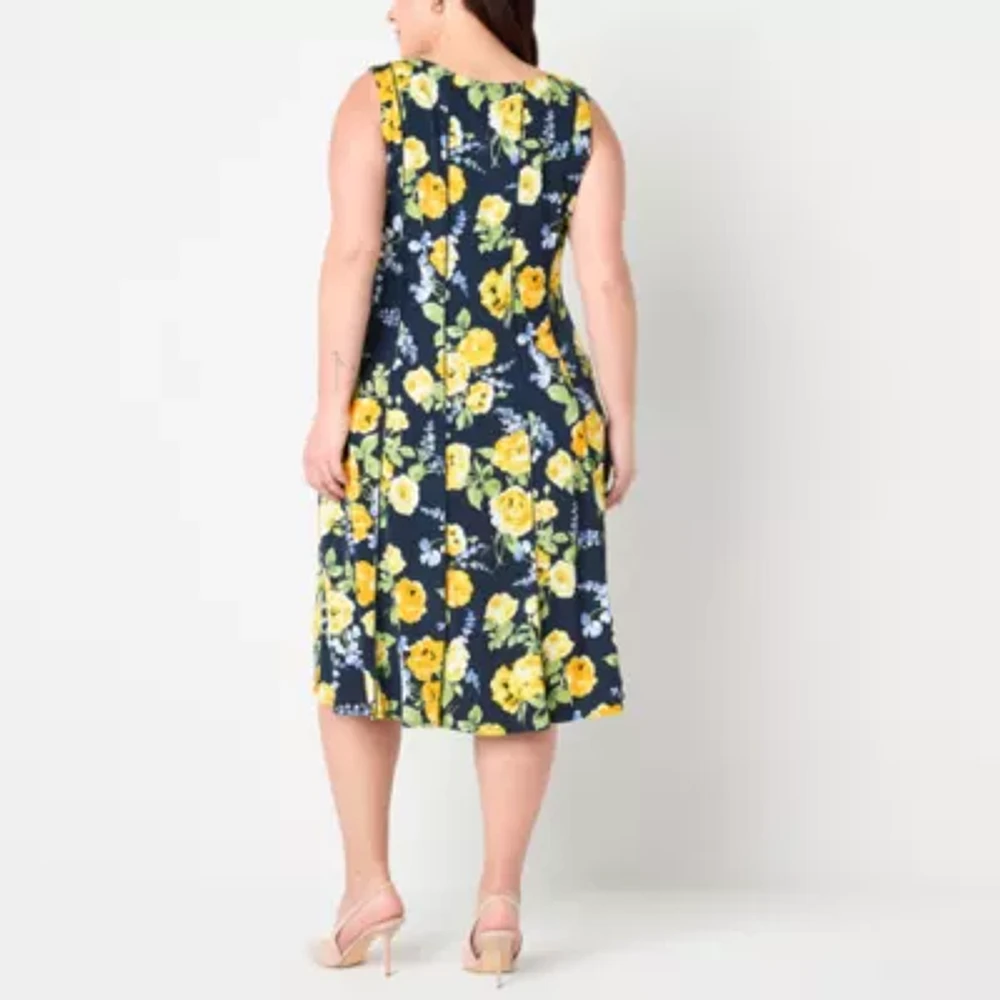 Perceptions Womens Sleeveless Floral Midi Plus Fit + Flare Dress