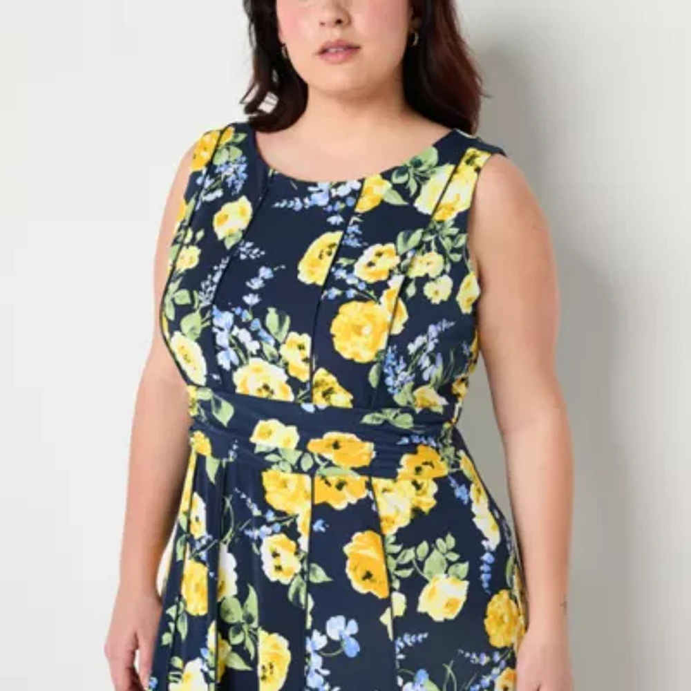 Perceptions Womens Sleeveless Floral Midi Plus Fit + Flare Dress