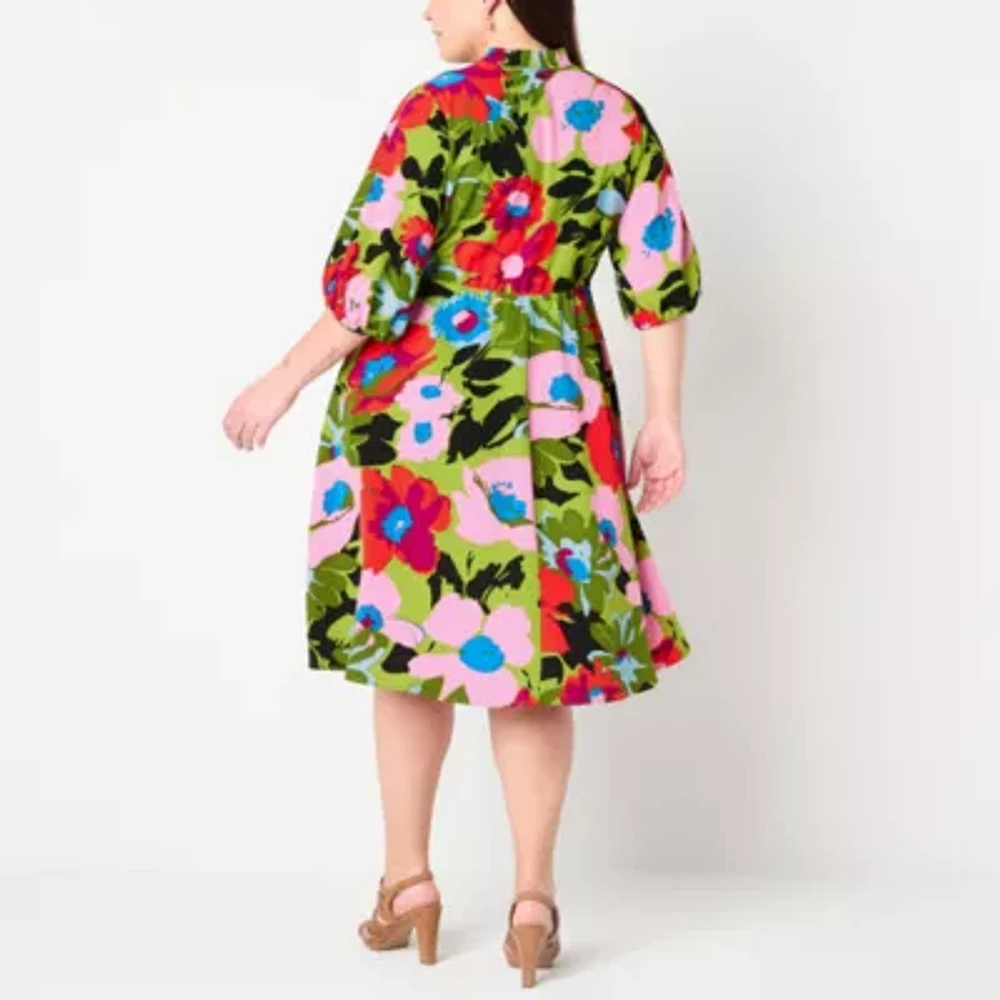 52seven Womens Elbow Sleeve Floral Midi Plus Fit + Flare Dress