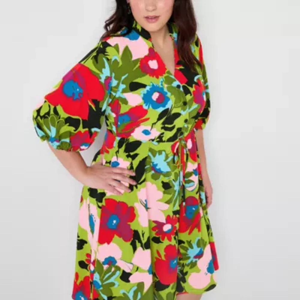 52seven Womens Elbow Sleeve Floral Midi Plus Fit + Flare Dress