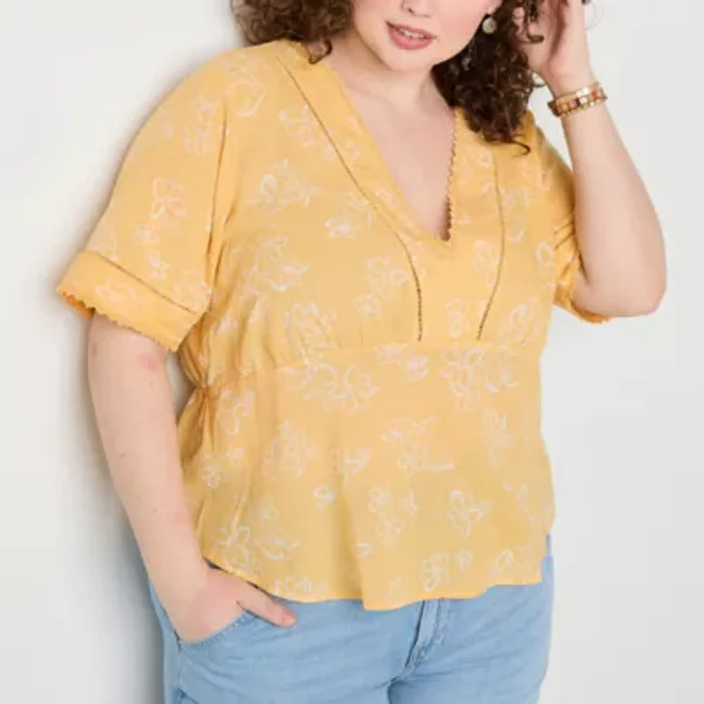 a.n.a Ladder Trim Womens V Neck Short Sleeve Plus Blouse