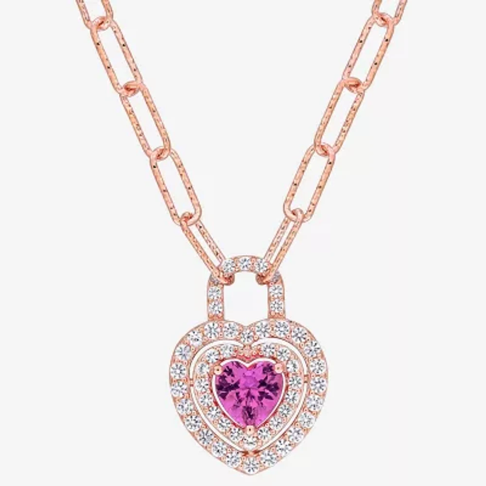 Womens Lab Created Pink Sapphire 18K Rose Gold Over Silver Heart 16 Inch Pendant Necklace