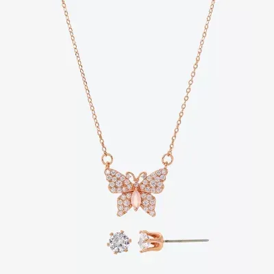 Sparkle Allure Womens Pink Cubic Zirconia 18K Rose Gold Over Brass Butterfly 2-pc. Jewelry Set